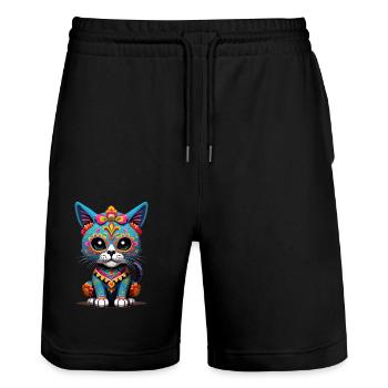 Zuckerschädel Mexiko Katze Dia De Muertos - Stanley/Stella Unisex Bio Joggingshorts Trainer  - Schwarz - Vorne - Nik (191cm) & Marisol (170cm)