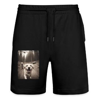 Hunde Selfie mit Außerirdisches Raumschiff Design - Stanley/Stella Unisex Bio Joggingshorts Trainer  - Schwarz - Vorne - Nik (191cm) & Marisol (170cm)