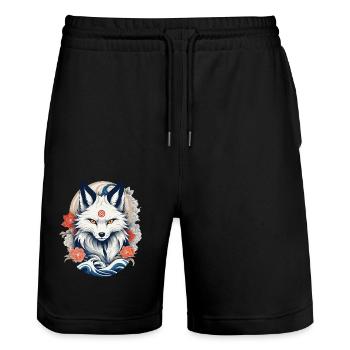 Weißer Kitsune Fuchs Japanische Kirschblüten - Stanley/Stella Unisex Bio Joggingshorts Trainer  - Schwarz - Vorne - Nik (191cm) & Marisol (170cm)