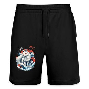 White Ukiyo-E Fox Japanese Kitsune Mask - Stanley/Stella Trainer Unisex Organic Jogging Shorts - black - Front - Nik (191cm) & Marisol (170cm)