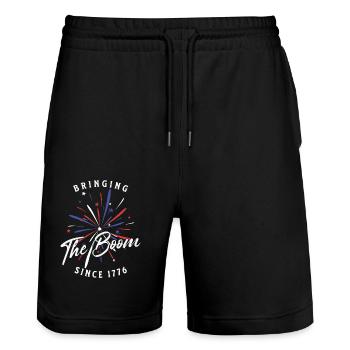 Brings the boom since 1776 retro vintage design - Stanley/Stella Trainer Unisex Organic Jogging Shorts - black - Front - Nik (191cm) & Marisol (170cm)