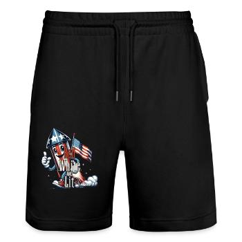 Red and white illuminated retro vintage design 4th of July - Stanley/Stella Trainer Unisex Organic Jogging Shorts - black - Front - Nik (191cm) & Marisol (170cm)