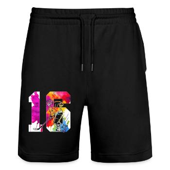 NUMBER 16 HOCKEY 16TH BIRTHDAY - Stanley/Stella Trainer Unisex Organic Jogging Shorts - black - Front - Nik (191cm) & Marisol (170cm)