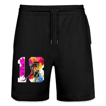 NUMMER 13 EISHOCKEY 13. GEBURTSTAG - Stanley/Stella Unisex Bio Joggingshorts Trainer  - Schwarz - Vorne - Nik (191cm) & Marisol (170cm)