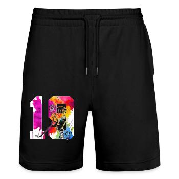 NUMMER 19 EISHOCKEY 19. GEBURTSTAG - Stanley/Stella Unisex Bio Joggingshorts Trainer  - Schwarz - Vorne - Nik (191cm) & Marisol (170cm)