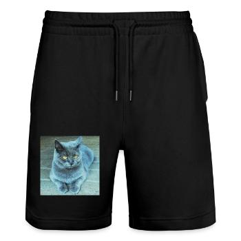 Chat Gris-Bleu aux Yeux Dorés - Short de jogging bio TRAINER Stanley/Stella unisexe - noir - Devant - Nik (191cm) & Marisol (170cm)
