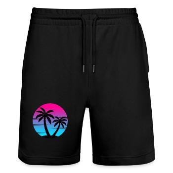 80s synthwave sunset with palm trees in a circle - Stanley/Stella Trainer Unisex Organic Jogging Shorts - black - Front - Nik (191cm) & Marisol (170cm)