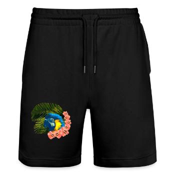 tolle urlaubsoutfits, gelbbrust ara Hibiskus - Stanley/Stella Unisex Bio Joggingshorts Trainer  - Schwarz - Vorne - Nik (191cm) & Marisol (170cm)