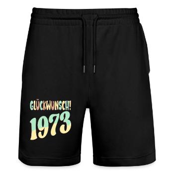Glückwunsch Jahr 1973 - GEBURTSTAG RETRO - Stanley/Stella Unisex Bio Joggingshorts Trainer  - Schwarz - Vorne - Nik (191cm) & Marisol (170cm)