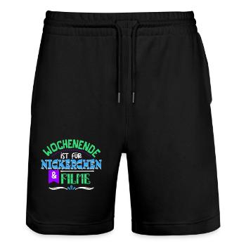Cineast Binge Watching Movies Theater Statement - Stanley/Stella Unisex Bio Joggingshorts Trainer  - Schwarz - Vorne - Nik (191cm) & Marisol (170cm)