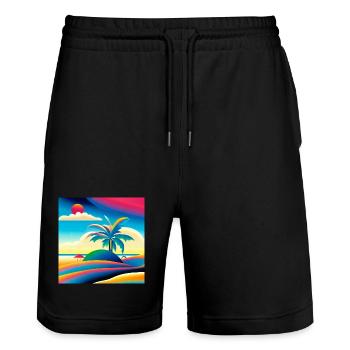 Beach sunset in 80s style - Stanley/Stella Trainer Unisex Organic Jogging Shorts - black - Front - Nik (191cm) & Marisol (170cm)