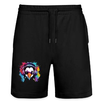 Penguin with headphones, penguins, animals, zoo animals - Stanley/Stella Trainer Unisex Organic Jogging Shorts - black - Front - Nik (191cm) & Marisol (170cm)