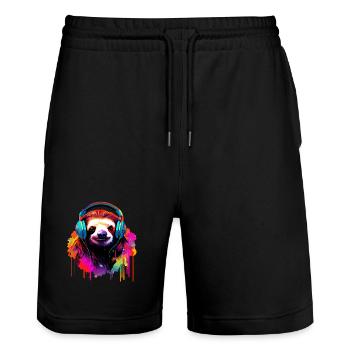 Faultier mit Kopfhörer Musik Faul Müde Faultiere - Stanley/Stella Unisex Bio Joggingshorts Trainer  - Schwarz - Vorne - Nik (191cm) & Marisol (170cm)