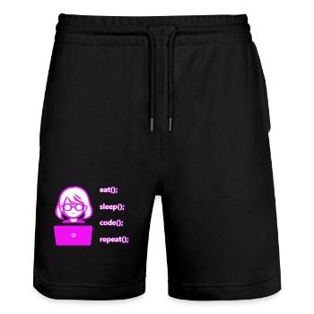 eat sleep code repeat Frau Computer - Stanley/Stella Unisex Bio Joggingshorts Trainer  - Schwarz - Vorne - Nik (191cm) & Marisol (170cm)