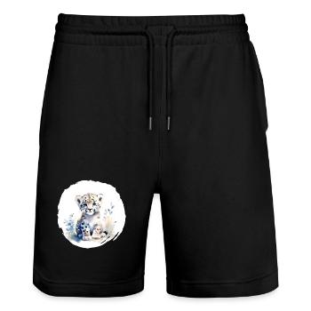 Schneeleopard Aquarell - Stanley/Stella Unisex Bio Joggingshorts Trainer  - Schwarz - Vorne - Nik (191cm) & Marisol (170cm)