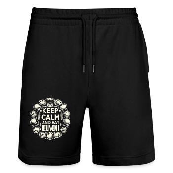 Bleib ruhig und iss Pelmeni Geschenk - Stanley/Stella Unisex Bio Joggingshorts Trainer  - Schwarz - Vorne - Nik (191cm) & Marisol (170cm)