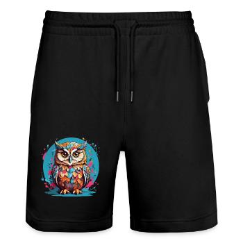 Adorable owl on splashes of color - Stanley/Stella Trainer Unisex Organic Jogging Shorts - black - Front - Nik (191cm) & Marisol (170cm)