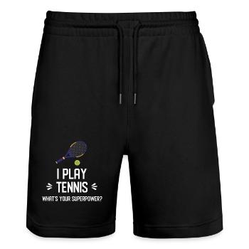 I Play Tennis. What's Your Superpower? - Stanley/Stella Trainer Unisex Organic Jogging Shorts - black - Front - Nik (191cm) & Marisol (170cm)