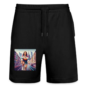 Varsovie Cyclisme Retro Girl Style iconique des années 80 - Short de jogging bio TRAINER Stanley/Stella unisexe - noir - Devant - Nik (191cm) & Marisol (170cm)