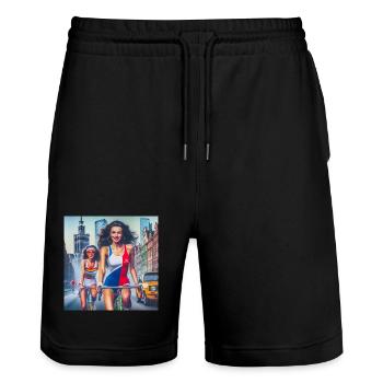 Two girls cycling in retro Warsaw - 80s style - Stanley/Stella Trainer Unisex Organic Jogging Shorts - black - Front - Nik (191cm) & Marisol (170cm)