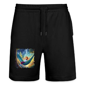 Mädchen auf Hängematte, chillen, mit Blitzen - Stanley/Stella Unisex Bio Joggingshorts Trainer  - Schwarz - Vorne - Nik (191cm) & Marisol (170cm)