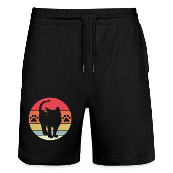 retro Katze süß Logo Symbol vintage Illustration - Stanley/Stella Unisex Bio Joggingshorts Trainer  - Schwarz - Vorne - Nik (191cm) & Marisol (170cm)