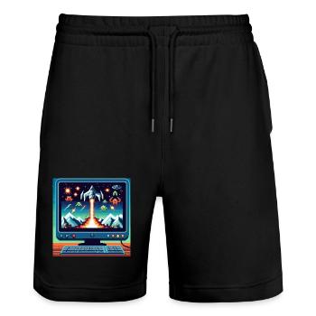 Retro-Flugzeug-Spiel - Stanley/Stella Unisex Bio Joggingshorts Trainer  - Schwarz - Vorne - Nik (191cm) & Marisol (170cm)