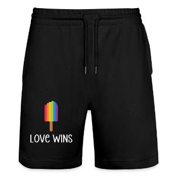 LGBTQ Pride Month - Love Wins - Stanley/Stella Trainer Unisex Organic Jogging Shorts - black - Front - Nik (191cm) & Marisol (170cm)