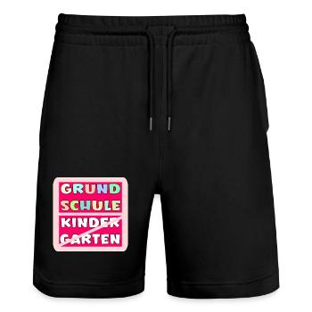 ABSCHLUSS KINDERGARTEN - HALLO GRUNDSCHULE - Stanley/Stella Unisex Bio Joggingshorts Trainer  - Schwarz - Vorne - Nik (191cm) & Marisol (170cm)