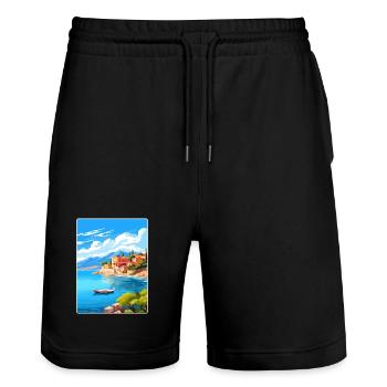 Korfu Griechenland Reise Poster Souvenir Postkarte Farbe - Stanley/Stella Unisex Bio Joggingshorts Trainer  - Schwarz - Vorne - Nik (191cm) & Marisol (170cm)