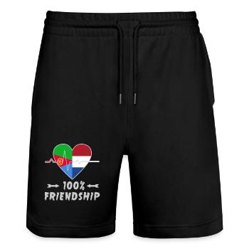 Eritrea and Netherlands 100% friendship - Stanley/Stella Trainer Unisex Organic Jogging Shorts - black - Front - Nik (191cm) & Marisol (170cm)