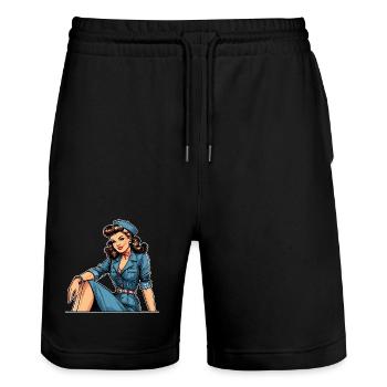 Pin Up Rétro hôtesse de l’air Cadeau d’hôtesse de l’air - Short de jogging bio TRAINER Stanley/Stella unisexe - noir - Devant - Nik (191cm) & Marisol (170cm)