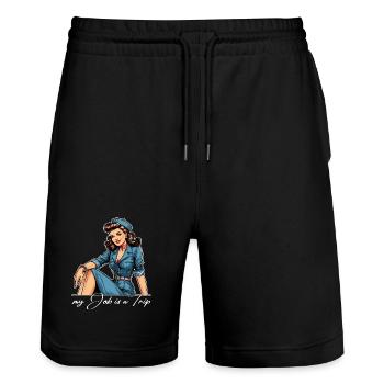Pin Up Rétro Hôtesse de l’air Profession Cadeau de voyage - Short de jogging bio TRAINER Stanley/Stella unisexe - noir - Devant - Nik (191cm) & Marisol (170cm)