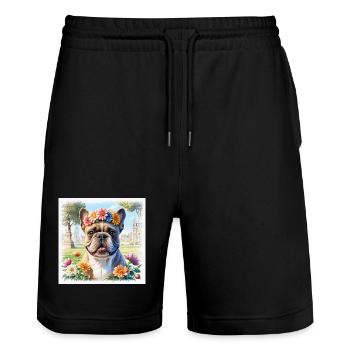Spring French Bulldog with Floral Wreath - Stanley/Stella Trainer Unisex Organic Jogging Shorts - black - Front - Nik (191cm) & Marisol (170cm)