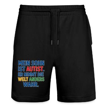 Mein Sohn ist Autist - Autismus Spruch Geschenk - Stanley/Stella Unisex Bio Joggingshorts Trainer  - Schwarz - Vorne - Nik (191cm) & Marisol (170cm)
