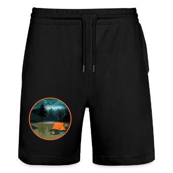 Nachtcamping im Wald mit Lagerfeuer und Zelt - Stanley/Stella Unisex Bio Joggingshorts Trainer  - Schwarz - Vorne - Nik (191cm) & Marisol (170cm)