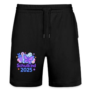 Schulanfang 2025 „Schmetterling“ - Stanley/Stella Unisex Bio Joggingshorts Trainer  - Schwarz - Vorne - Nik (191cm) & Marisol (170cm)