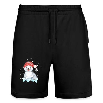 Winter Seal Pup in Santa Hat - Stanley/Stella Trainer Unisex Organic Jogging Shorts - black - Front - Nik (191cm) & Marisol (170cm)