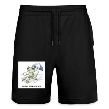 Frosch Strand Kaffee Chill - Stanley/Stella Unisex Bio Joggingshorts Trainer  - Schwarz - Vorne - Nik (191cm) & Marisol (170cm)
