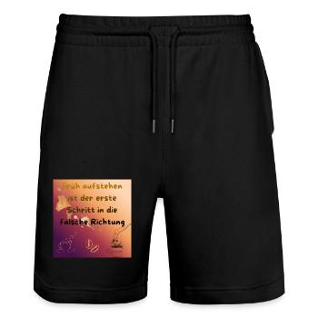 Früh aufstehen ist der falsche Schritt - Stanley/Stella Unisex Bio Joggingshorts Trainer  - Schwarz - Vorne - Nik (191cm) & Marisol (170cm)