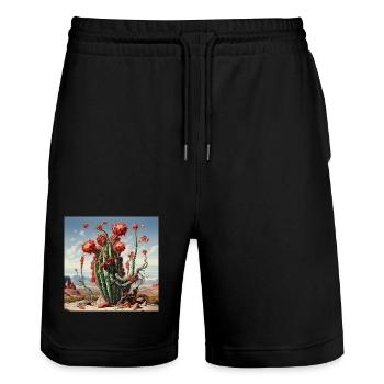 Desert cactus with red flowers - Stanley/Stella Trainer Unisex Organic Jogging Shorts - black - Front - Nik (191cm) & Marisol (170cm)