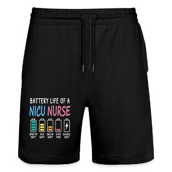 Niveau de batterie d’un soignant néonatal humour - Short de jogging bio TRAINER Stanley/Stella unisexe - noir - Devant - Nik (191cm) & Marisol (170cm)