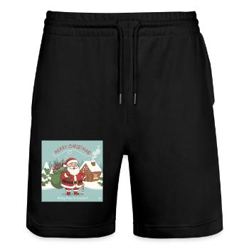 Le Père Noël de Noël avec sac et canne en sucre d’orge - Short de jogging bio TRAINER Stanley/Stella unisexe - noir - Devant - Nik (191cm) & Marisol (170cm)