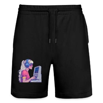 Retro Gamer Girl im Neonstil - Stanley/Stella Unisex Bio Joggingshorts Trainer  - Schwarz - Vorne - Nik (191cm) & Marisol (170cm)