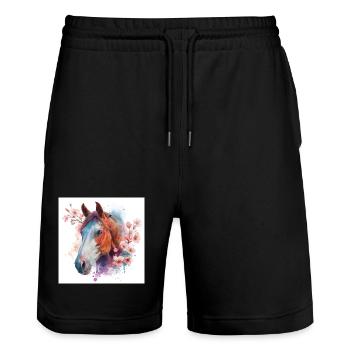 Watercolor Horse and Blossoms - Stanley/Stella Trainer Unisex Organic Jogging Shorts - black - Front - Nik (191cm) & Marisol (170cm)