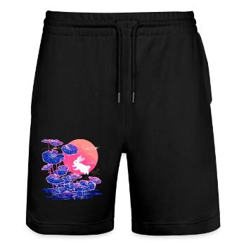Forêt de lotus de lapins néon à la lumière du soir - Short de jogging bio TRAINER Stanley/Stella unisexe - noir - Devant - Nik (191cm) & Marisol (170cm)