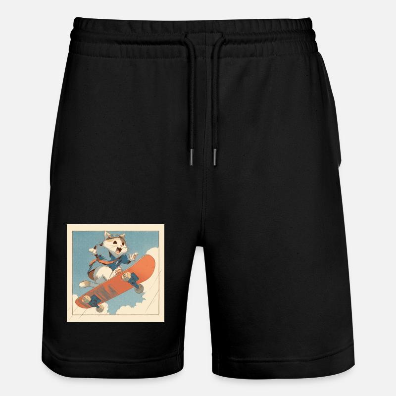 Retro Cat Skateboarder in Flight - Stanley/Stella Trainer Unisex Organic Jogging Shorts - black
