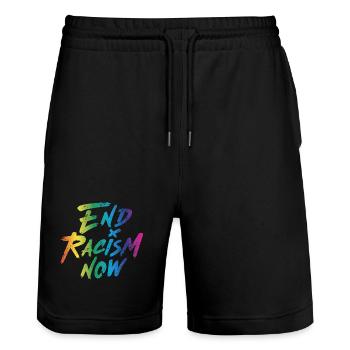 End Racism Now - Stanley/Stella Unisex Bio Joggingshorts Trainer  - Schwarz - Vorne - Nik (191cm) & Marisol (170cm)