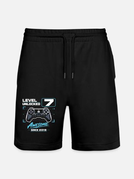 Level 7 Unlocked Gaming Gift Boys - Stanley/Stella Trainer Unisex Organic Jogging Shorts - black