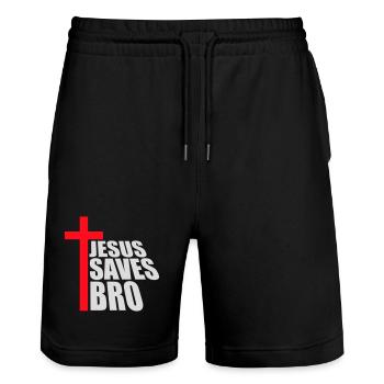 Jésus sauve un frère Dicton religieux drôle Logo de la foi - Short de jogging bio TRAINER Stanley/Stella unisexe - noir - Devant - Nik (191cm) & Marisol (170cm)